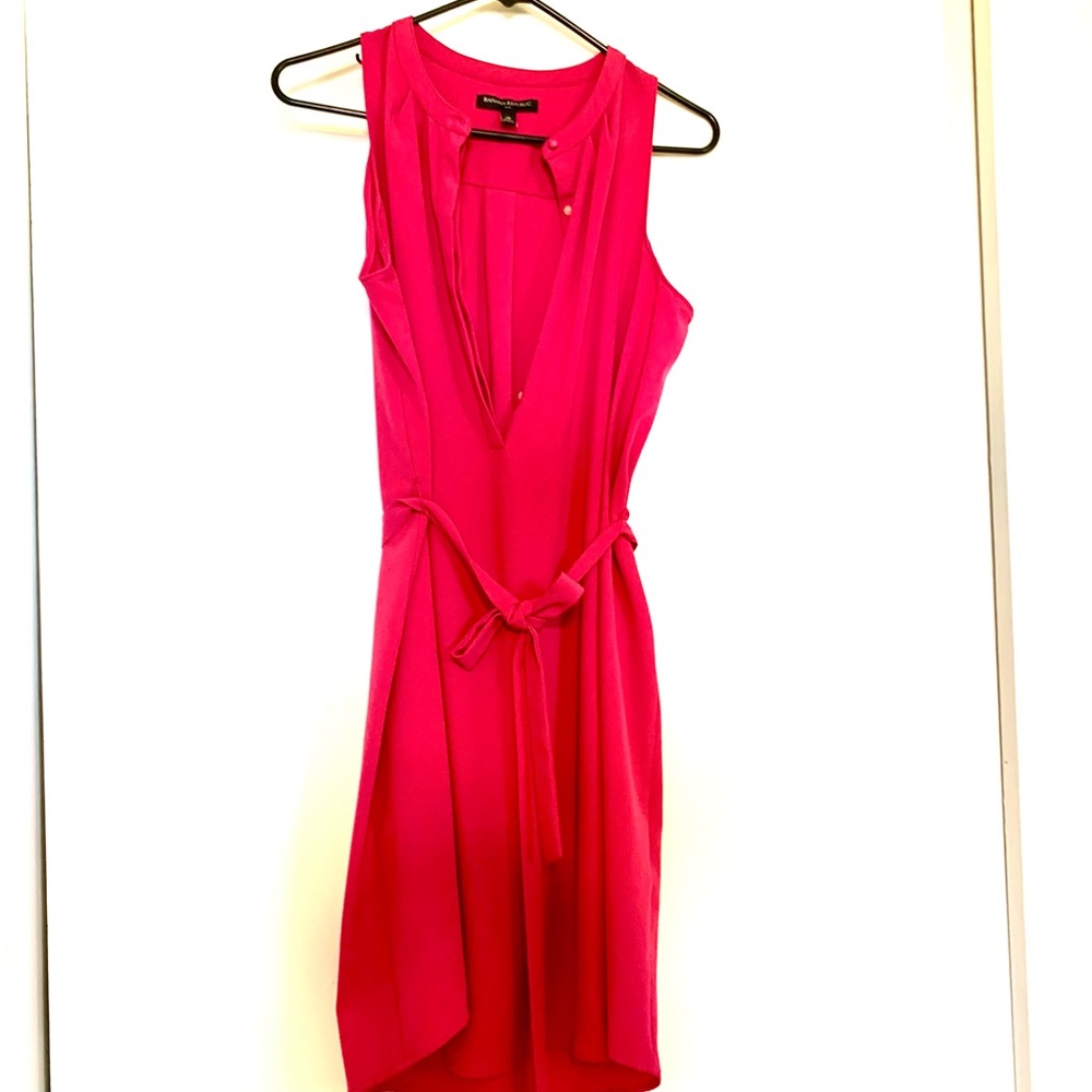 Slip dress, 3/4 button with pockets and tie belt.